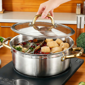 Stainless Steel Hot Pot 6.1L 10L <b>Large</b> Capacity With Glass Lid Gold Handles Smokeless <b>Pan</b> For Home Use And Gatherings - Product Image 2