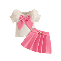 Ensemble 2 pièces pour bébé fille : Haut côtelé à nœud plume et jupe plissée rouge – Tenue d'été pour tout-petits pour fêtes
