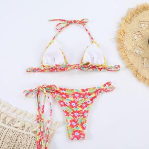 Ensemble bikini 2 pièces pour femme, imprimé floral, triangle, dos noué, bretelles croisées, coupe coquine, pour les vacances d'été à la plage - Product Image 4