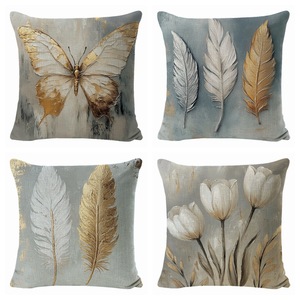 Funda de almohada de lino con estampado de tulipanes y plumas de mariposa, funda de cojín decorativa vintage cuadrada para sala de estar y sofá - Product Image 1