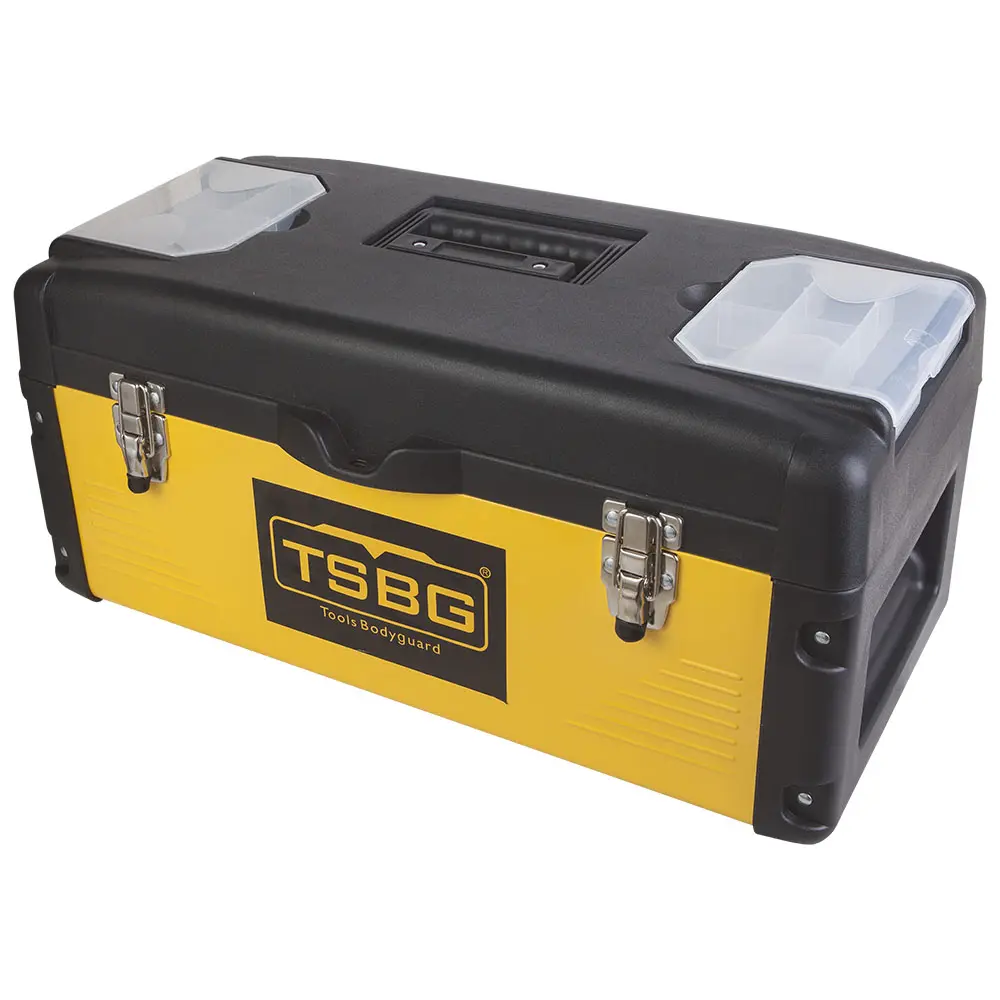プラスチック製の鉄製ツールボックス持ち運びに便利なケース黄色の23インチ機器ツール保護金属製ツールボックストレイ付きスチールツールボックス