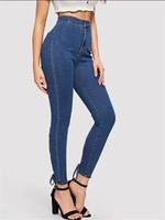 Jean taille haute européen et américain en jean stretch déchiré à œillets