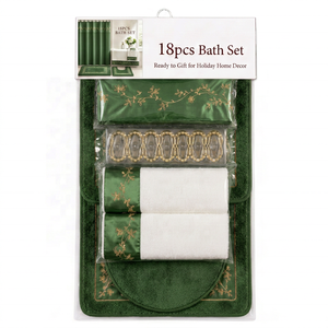 Set Decorativo per <span class=keywords><strong>Bagno</strong></span> 18 Pezzi, Tende in Poliestere Impermeabili con Ricamo a Foglie Dorate, Collezione Tappeti Antiscivolo per Inaugurazione Casa - Product Image 5