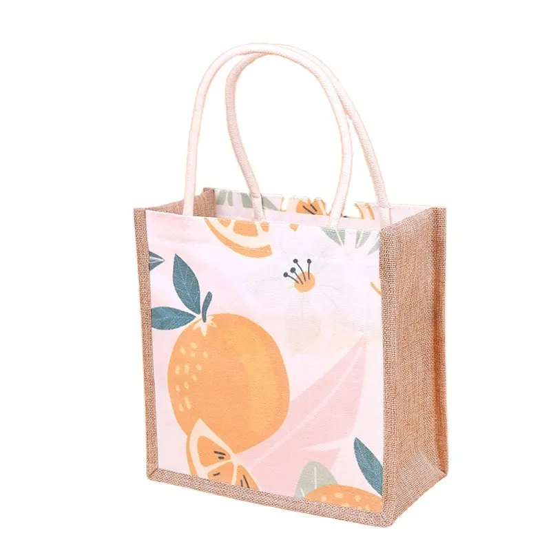 Bolsa de regalo grande de tela ecológica impresa personalizada, bolsa de compras de yute reutilizable cuadrada, bolsa de playa de arpillera