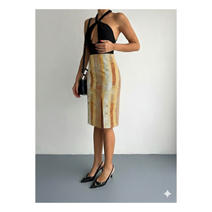Jupe crayon pour femme à taille élastique avec fente avant, en tissu Lycra, longueur midi, tissage à motifs, non doublée - Product Image 5