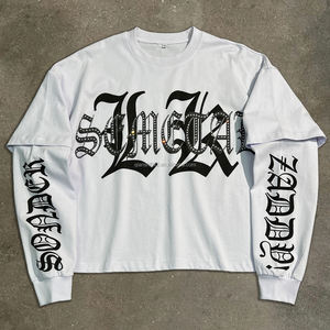 เสื้อยืดพิมพ์ลายตามสั่ง คุณภาพสูง เนื้อผ้าหนา เสื้อแขนยาวสองชั้นประดับเพชรเทียมสำหรับผู้ชาย เสื้อยืดโอเวอร์ไซส์ Pour Hommes - Product Image 1