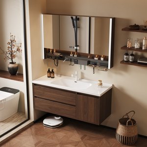 2025 hot selling antique style ceramic integrated basin walnut colored bathroom cabinet with two drawers - Product Image 3