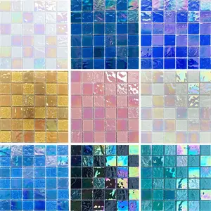 Hot sale iridescent shiny mix color glass mosaic for tv backdrop kitchen backsplash commercial