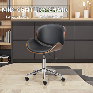 Mid-Century Modern Visitor <b>Chair</b> with Faux Leather <b>Swivel</b> Wood Frame Chrome -Base Ergonomic Design Adjustable Height - Product Image 2
