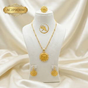 Designer 24K Gold Plated Sunflower Pendant Necklace, Earrings & Ring Nigerian <b>Bridal</b> Wedding Jewelry - Product Image 1