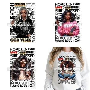 Vinilos Termoadhesivos DTF Lavables con Citas Cristianas para Mujeres Afroamericanas, Listos para Planchar en Ropa - Holy God Vibes Believe - Product Image 1