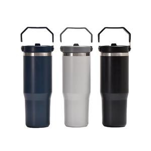 Bouteilles d'eau de voyage 30 oz, gobelet à café personnalisé, logo personnalisé, réutilisable, en acier inoxydable, écologique, gobelet isotherme sous vide, paille rabattable, poignée - Product Image 1