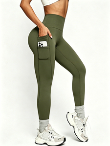 Leggings Yoga a Vita Alta con Tasche, Lunghezza alla Caviglia, Verde Tinta Unita, Senza Cuciture, Elasticizzati in Quattro Direzioni, Asciugatura Rapida, per Palestra e Fitness Estivo - Product Image 5