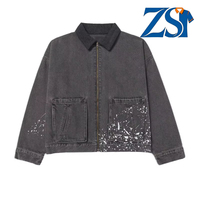 Veste en jean noire délavée Zesheng pour homme avec logo personnalisé, effet éclaboussures de peinture, coupe ample et oversize, zippée, style workwear, streetwear, vente en gros