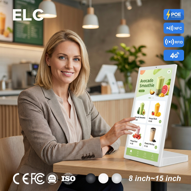 Juice Bar Desktop Self Service Kiosk 15.6 Inch L Shape Tablet Android 14 RK3576S 4GB 64GB NFC Reader PoE Powered