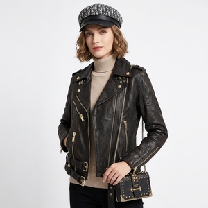 Veste de motard en peau de mouton pour femmes, sur mesure, style streetwear, fermeture éclair OEM, veste en cuir véritable pour femmes - Product Image 1
