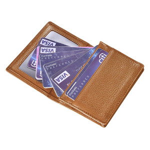Porte-cartes de visite en cuir véritable, portefeuille mince à double pli avec fenêtre transparente, étui compact pour cartes de crédit pour hommes et femmes - Product Image 3