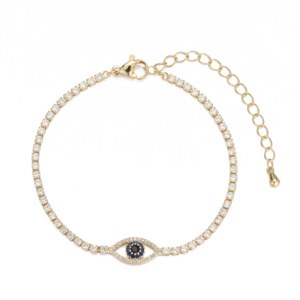Pulsera de Cadena de Moda con Ojo, Azul, con Pavé de Circonitas, Línea CZ, Latón Chapado en Oro de 14K, Circonita 5A, Para el Trabajo y el Desplazamiento, OEM - Product Image 1
