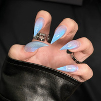 Faux ongles à presser faits main Qianya, bleu clair effet œil de chat, 10 pièces, en acrylique, forme griffe de dragon, style euro-américain, vente en gros