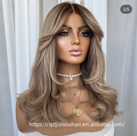 Peluca de Cabello Humano con Corte Mariposa y Flequillo, Rubio Ceniza con Reflejos Ombré, Ondulada, Sin Pegamento, con Encaje Frontal, Pre-Desplumada, Línea de Cabello Natural