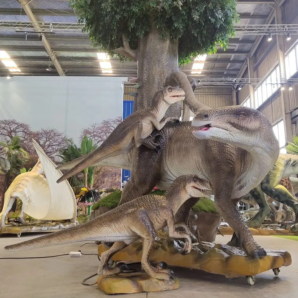 Dekorasi Natal Dinosaurus Animatronik Realistis Iguanodon dengan 2 Model Raptor Bayi