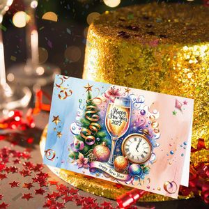 Vente en gros de cartes de vœux du Nouvel An 2027, lot de 12, cartes de vœux du Nouvel An en <span class=keywords><strong>aquarelle</strong></span>, cartes d'invitation pour le réveillon du Nouvel An, cadeau de fête - Product Image 2