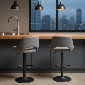 Ensemble de 2 tabourets de bar gris réglables avec base en métal et repose-pieds pour usage commercial - Product Image 2