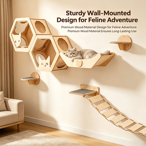 Système d'escalade mural modulaire pour chats avec hamac rembourré en <span class=keywords><strong>bois</strong></span> et sisal, marches rembourrées pour que les chats d'intérieur se repose, s'escaladent et s'explorent - Product Image 1