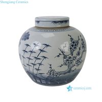 RYKB176-O Jarre à gingembre en porcelaine motif Chinoiserie bleu cobalt, blanc et bleu, paysage de pin et bambou, centre de table décoratif
