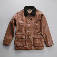 Jaket Berburu Kulit Sapi Distressed Berlapis Minyak Gaya Retro Inggris untuk Pria dengan Kerah Corduroy, Banyak Kantong, Panjang Sedang, Mantel Musim Gugur.