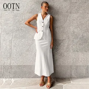 OOTN Spring Summer White V-Neck Single Breasted Sleeveless Vest and Long Half-body Skirt with Zip Set Two Pieces