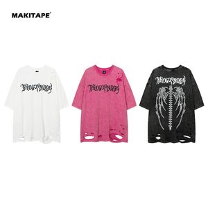 Camiseta TK3320 de estilo urbano, corte y confección, 100% algodón, gráfico vintage, transpirable, de secado rápido, lavado ácido, efecto grafiti y roturas, para hombre. - Product Image 2