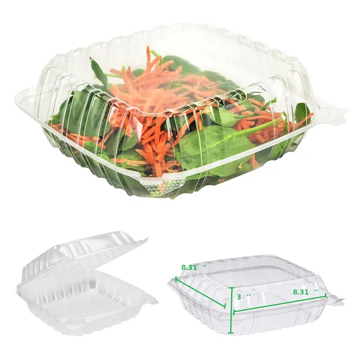 hot sale disposable clear 8x8x3 inch plastic hinged container with high quality