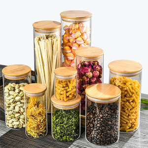 Round Cylinder Storage Glass Food Jar Glass Containers Kitchen Glass Storage Jar With Bamboo Wooden Lids