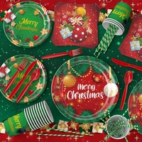 Assiettes et serviettes en papier rouges et verts pour les fournitures de fête de Noël, pour les célébrations d'hiver et les décorations saisonnières