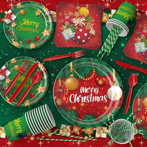 Assiettes et serviettes <span class=keywords><strong>en</strong></span> papier rouges et verts pour les fournitures <span class=keywords><strong>de</strong></span> fête <span class=keywords><strong>de</strong></span> Noël, pour les célébrations d'hiver et les décorations saisonnières - Product Image 4
