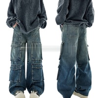 Jeans cargo pour femmes en gros, coupe baggy, taille haute, multi-poches, jambe large, en denim