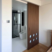 Porte fantôme avec design à trous ronds, motif imitation bois ; style minimaliste, idéale pour une utilisation dans la salle de bain.