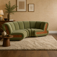 Canapé modulaire incurvé de luxe en velours vert olive sur mesure avec incrustation en bois de ronce, support de dessin CAO et service VIP