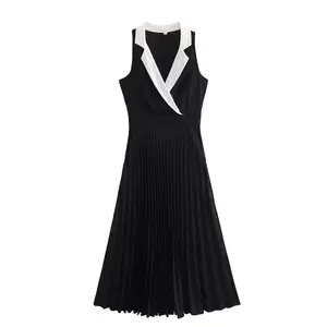 QZ418 Summer 2023 Women European Notched solid Sleeveless Chic Knee-Length Dress Beach Dresses Clothing 5