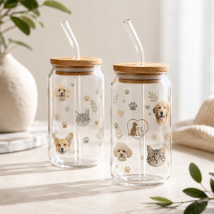 Custom Cute Pet Image Glass Can <b>Cup</b> with Bamboo Lid and Glass Straw Reusable Drinking Tumbler for Coffee Juice - Product Image 2
