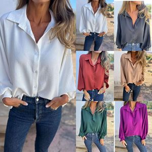 Camisa de Manga Larga para Mujer, Tallas Grandes, con Botones y Cuello de Solapa, Estilo Casual, Color Sólido, para Otoño e Invierno, Dropshipping Shopify - Product Image 3