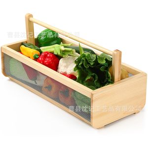 Wooden Storage Basket Rectangle With Wire Mesh Draining Function For Fruit <b>Vegetable</b> Farmhouse Use - Product Image 2