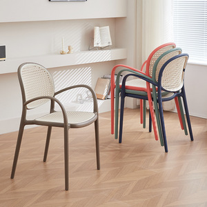 Nordic Style Woven Rattan Plastic <b>Stackable</b> <b>Dining</b> <b>Chair</b> With Armrest For Small Apartment Minimalist <b>Dining</b> Room Furniture - Product Image 3