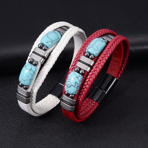 Turquoise <b>Leather</b> <b>Bracelet</b> Multi Layer Stainless Steel Unisex Jewelry Gift 7.5in 8.5in 9in - Product Image 3