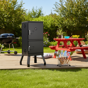 Barbecue vertical d'extérieur avec thermomètre, construction en fonte, finition noire mate, design fumeur à 2 niveaux pour un résultat parfait - Product Image 2