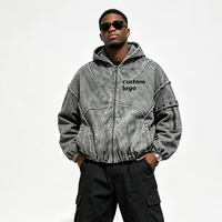 Veste à capuche surdimensionnée déstructurée en coton personnalisé pour homme, style vintage délavé, avec patchwork et bords bruts, entièrement zippée, streetwear