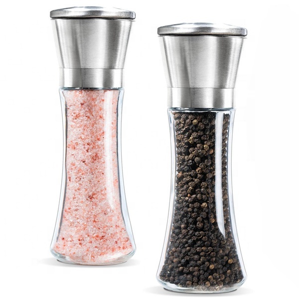 Pepper Bottle Stainless Steel Transparent Glass Seasoning Bottles Pepper Beans Salt Manual Grinder Mill Kitchen Utensil Condiment Bottle
