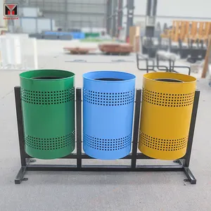 Factory Outdoor Waste Bin Street Metal Steel Trash Can Park Patio Recycle Bin 3 Compartment