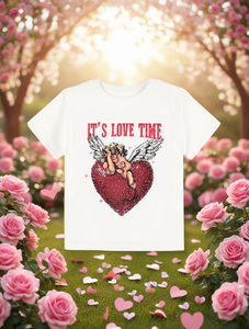 T-shirt stampata con motivo Cupido per San Valentino, da donna, a maniche corte, girocollo, casual, con design a cuore con paillettes, 100% cotone - Product Image 2